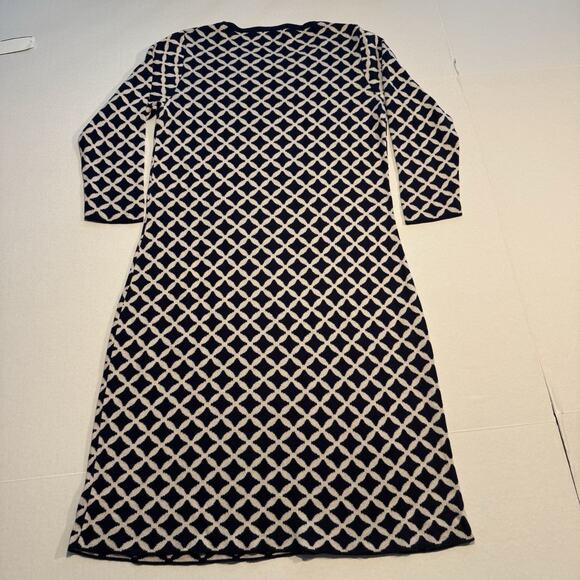 Boden Womens Knit Dress Size 8R Navy Cream Geometric Lattice Pattern Stretch - Picture 2 of 9